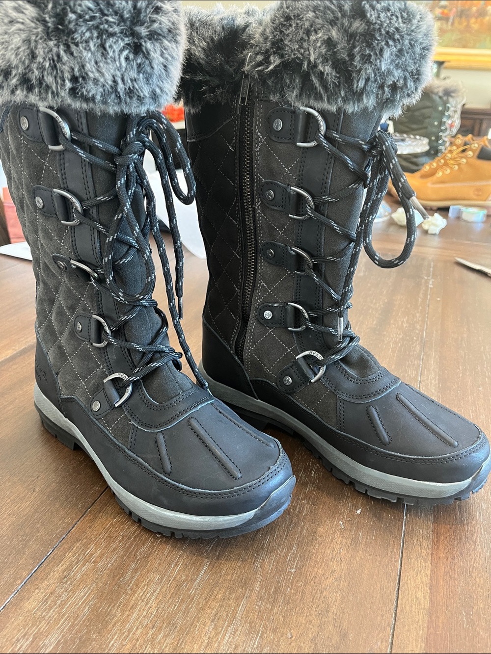BEARPAW Gwyneth 1930W Leather Waterproof Snow Boots Black Gray Size 7